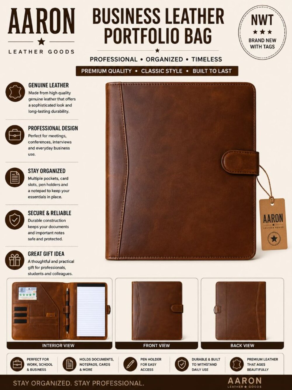 NWT Aaron Leather Goods Business Leather Portfolio Bag